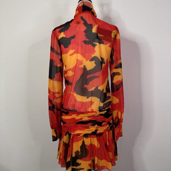 Dsquared2 Camouflage Print Bow Neck Sheer Dress Red Orange Size 38 US 2 - Picture 7 of 12
